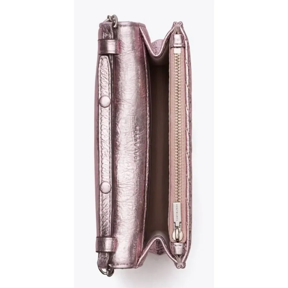 TORY‎ BURCH MINI KIRA MOTO QUILT METALLIC TOP-HANDLE CROSSBODY, SPARKLE PINK